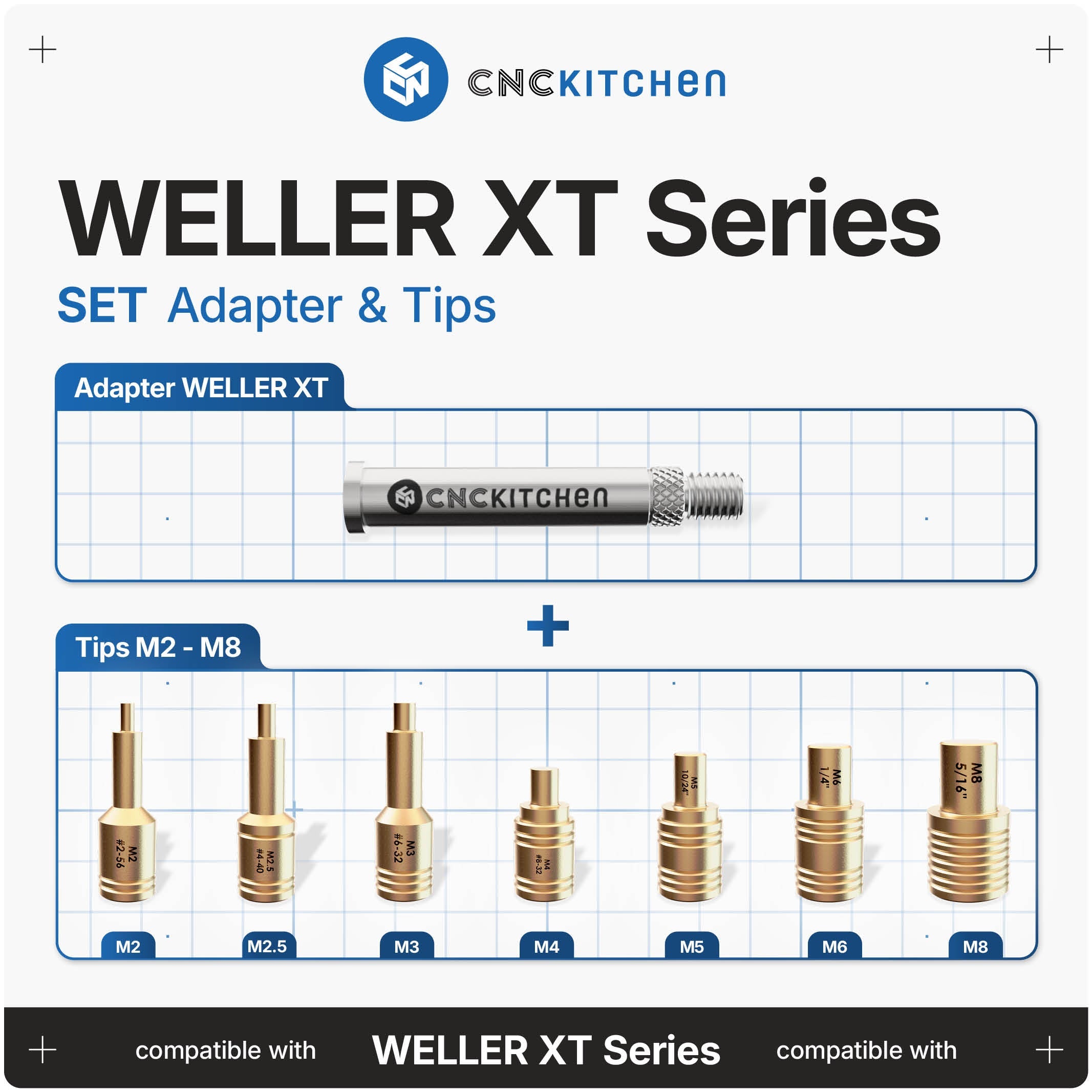 CNC Kitchen Installation Tips SET til Weller XT – adapter og spidser M2-M8 til heat set inserts